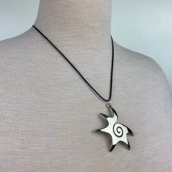 Silver Tone Modernist Swirl Sun Pendant Black Cord - Picture 3 of 6